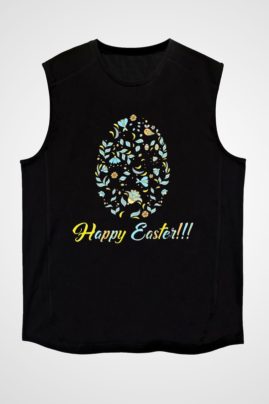 Paskalya Baskılı Unisex Siyah Kolsuz Tişört - Tshirt