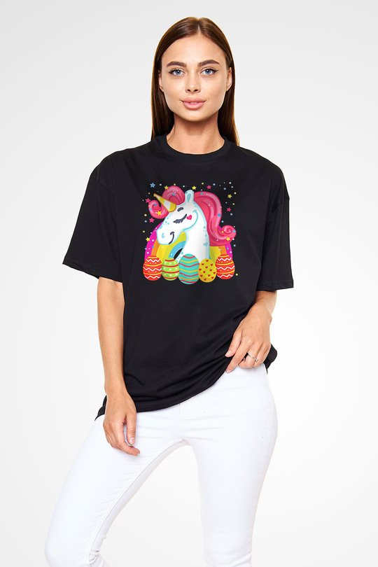 Paskalya Baskılı Unisex Siyah Oversize Tişört - Tshirt