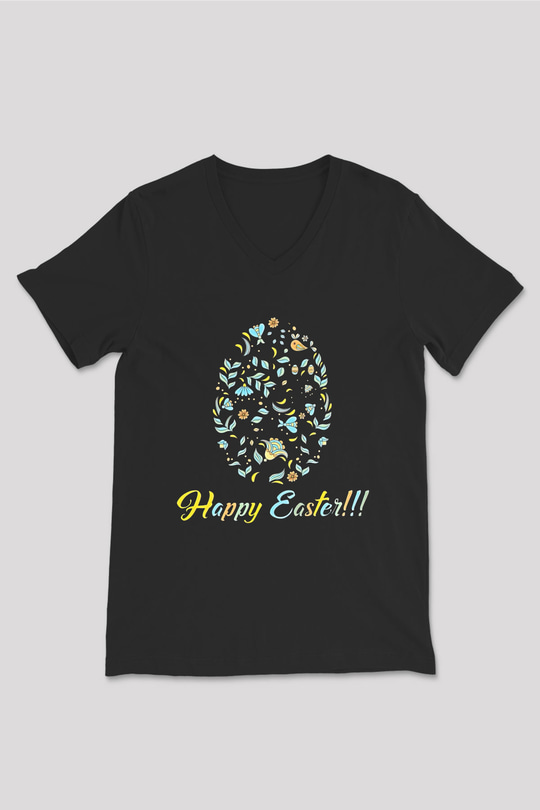 Paskalya Baskılı Unisex Siyah V Yaka Tişört - Tshirt