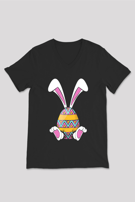 Paskalya Baskılı Unisex Siyah V Yaka Tişört - Tshirt