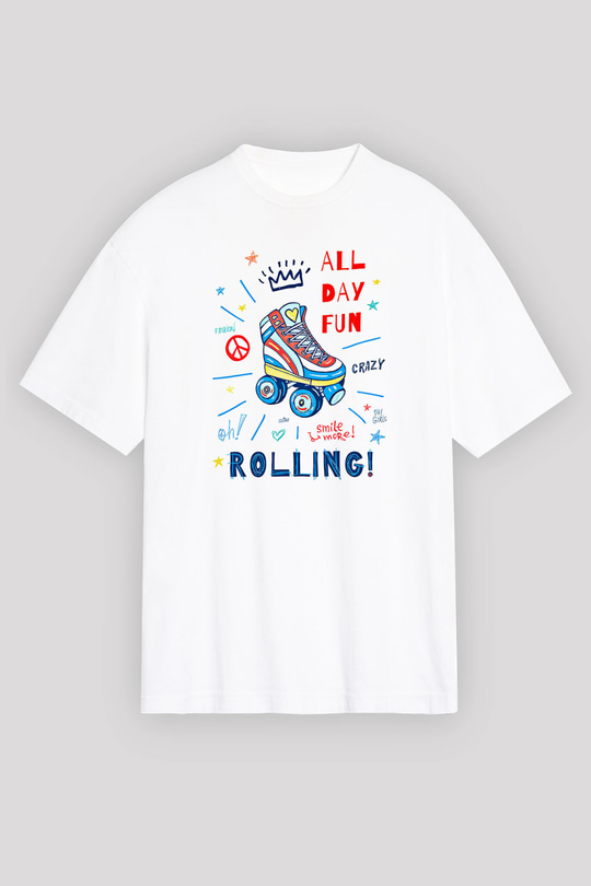 Paten Baskılı Unisex Beyaz Oversize Tişört - Tshirt