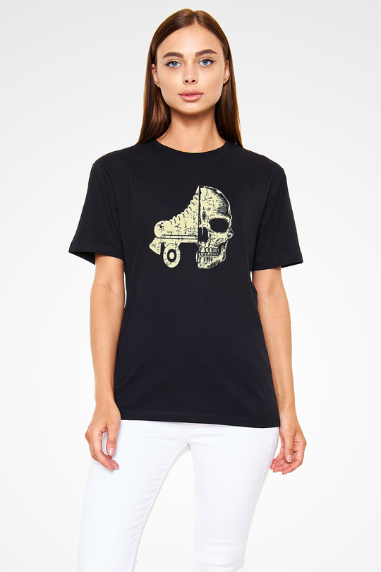 Paten Baskılı Unisex Siyah Tişört - Tshirt