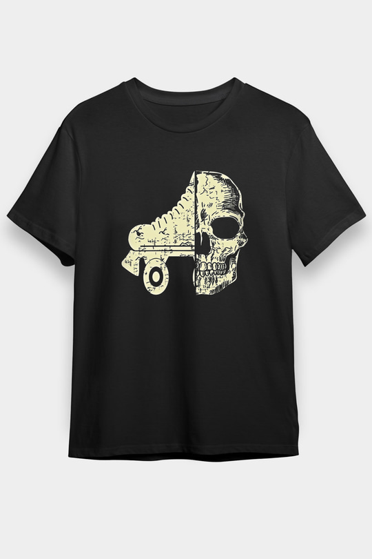 Paten Baskılı Unisex Siyah Tişört - Tshirt