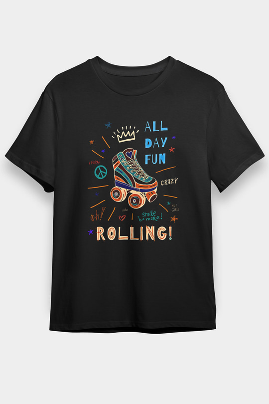 Paten Baskılı Unisex Siyah Tişört - Tshirt