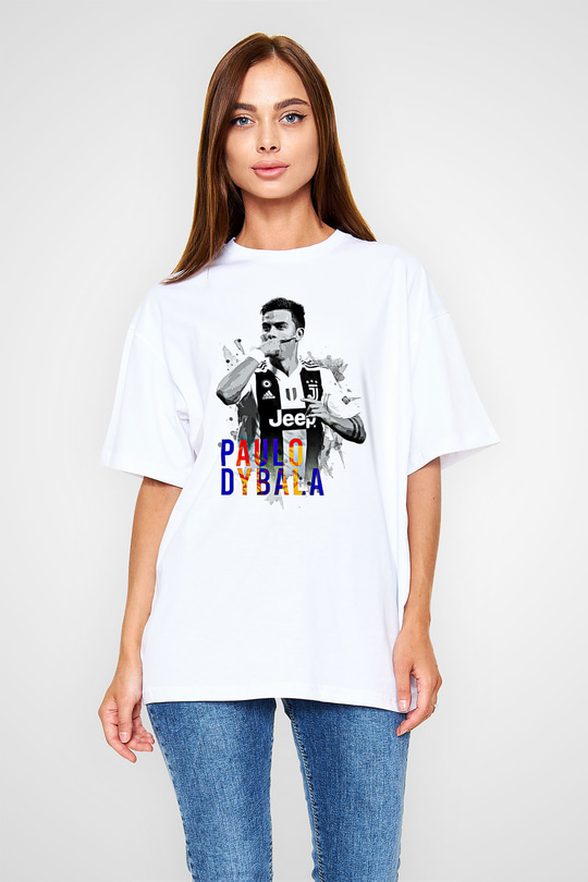 Paulo Dybala Baskılı Beyaz Unisex Oversize Tişört - Tshirt