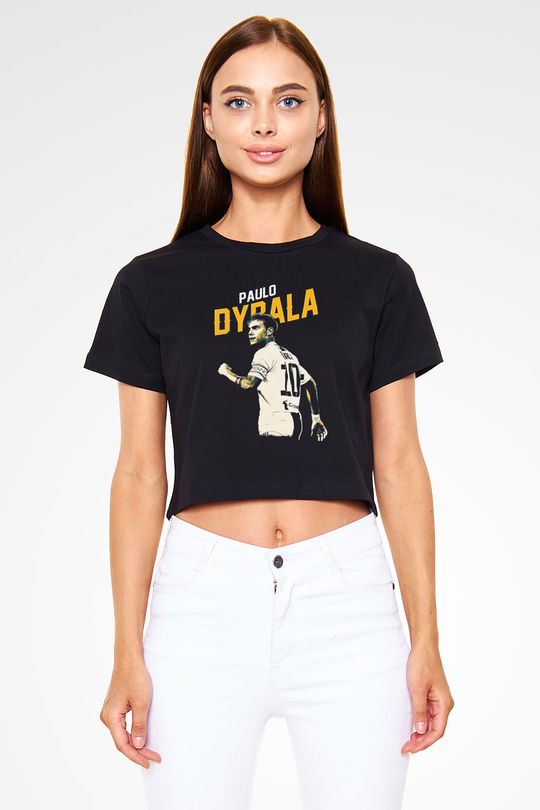 Paulo Dybala Baskılı Siyah Crop Top Kadın Tişört - Tshirt