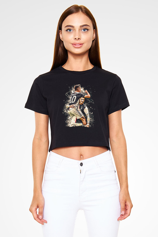 Paulo Dybala Baskılı Siyah Crop Top Kadın Tişört - Tshirt