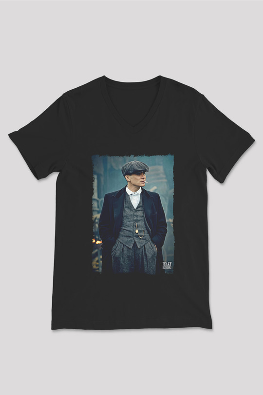 Peaky Blinders Baskılı Unisex Siyah V Yaka Tişört - Tshirt