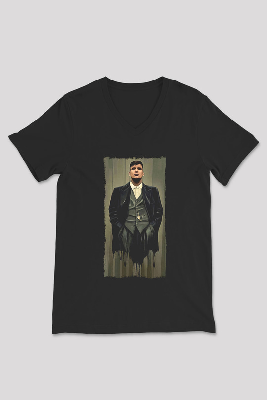 Peaky Blinders Baskılı Unisex Siyah V Yaka Tişört - Tshirt