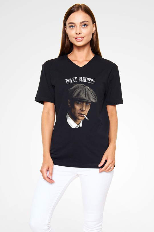 Peaky Blinders Baskılı Unisex Siyah V Yaka Tişört - Tshirt
