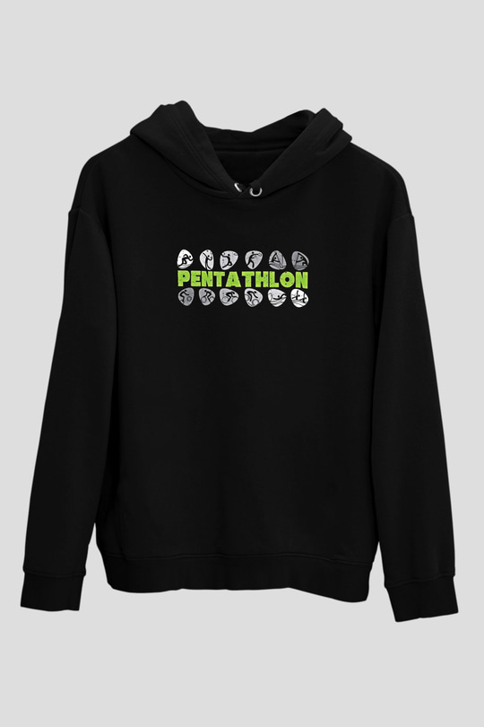 Pentathlon Baskılı Unisex Siyah Kapüşonlu Sweatshirt