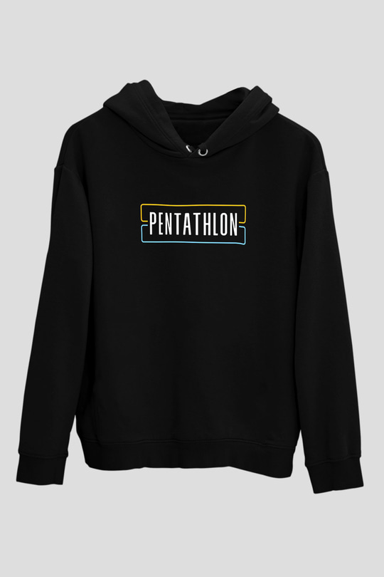 Pentathlon Baskılı Unisex Siyah Kapüşonlu Sweatshirt