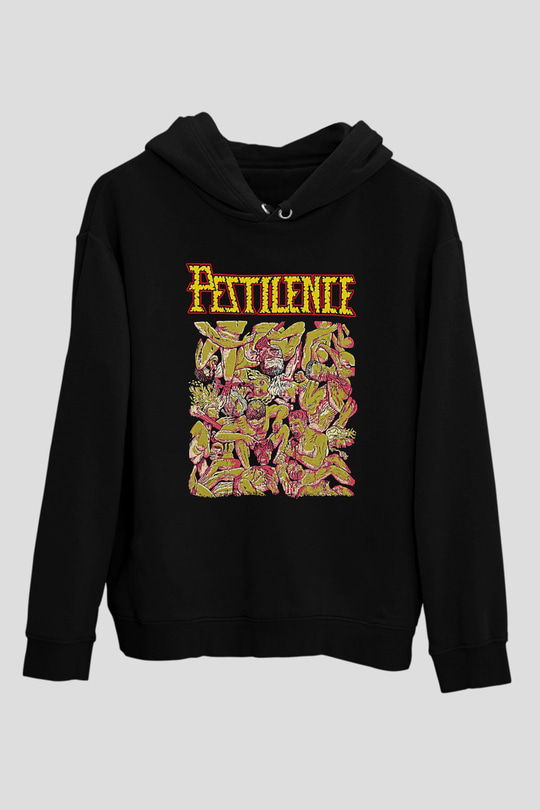 Pestilence Baskılı Unisex Siyah Kapüşonlu Sweatshirt