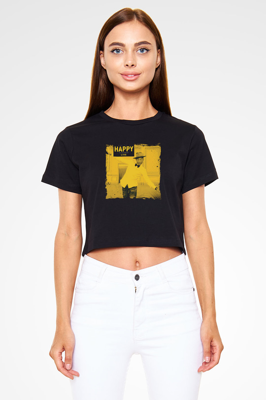 Pharrell Williams Baskılı Crop Top Siyah Kadın Tişört