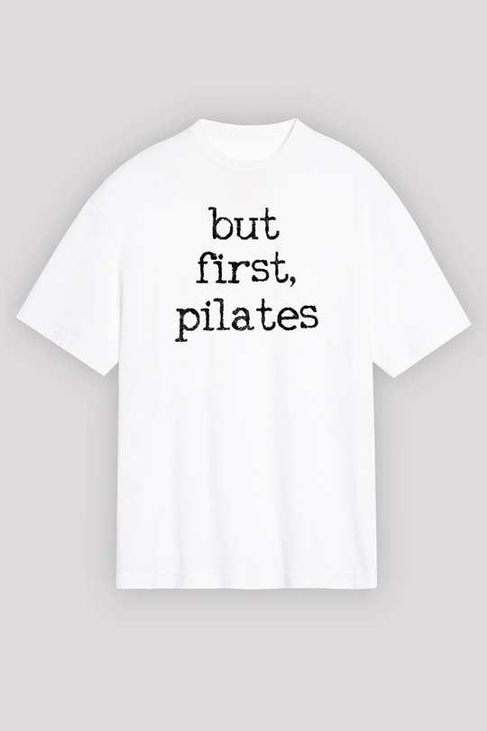 Pilates Baskılı Unisex Beyaz Oversize Tişört - Tshirt
