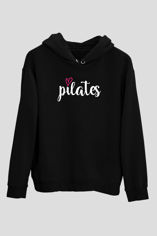 Pilates Baskılı Unisex Siyah Kapüşonlu Sweatshirt