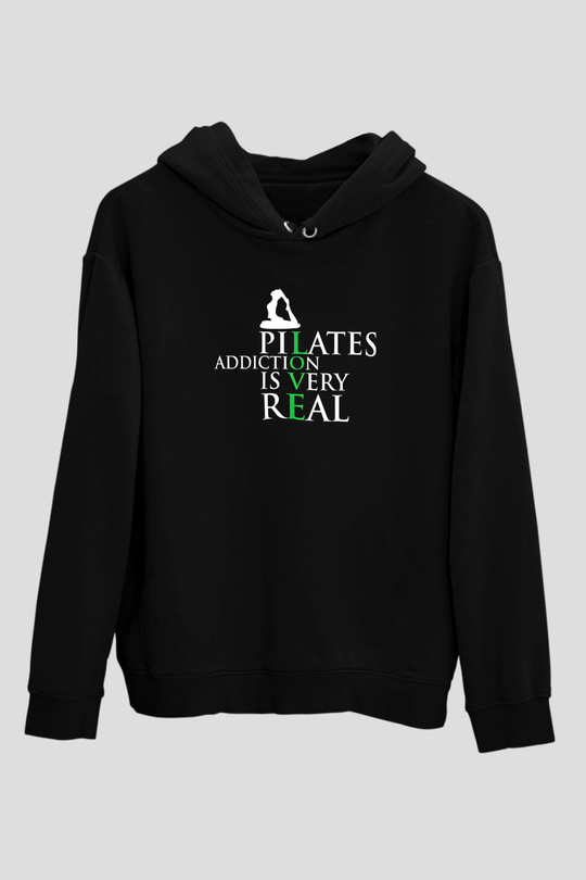Pilates Baskılı Unisex Siyah Kapüşonlu Sweatshirt