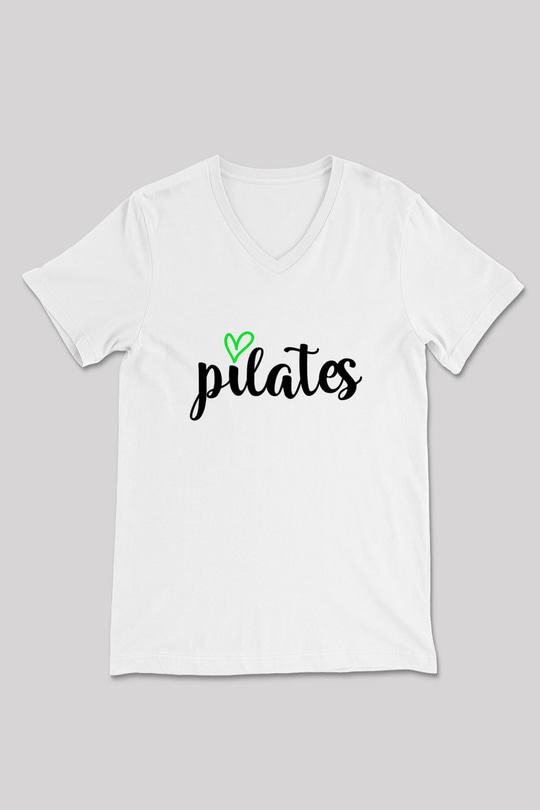 Pilates Baskılı Unisex V Yaka Tişört - Tshirt