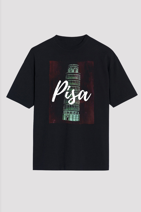 Pisa Kulesi Siyah Oversize Tişört Oversize T-shirt - TişörtFabrikası