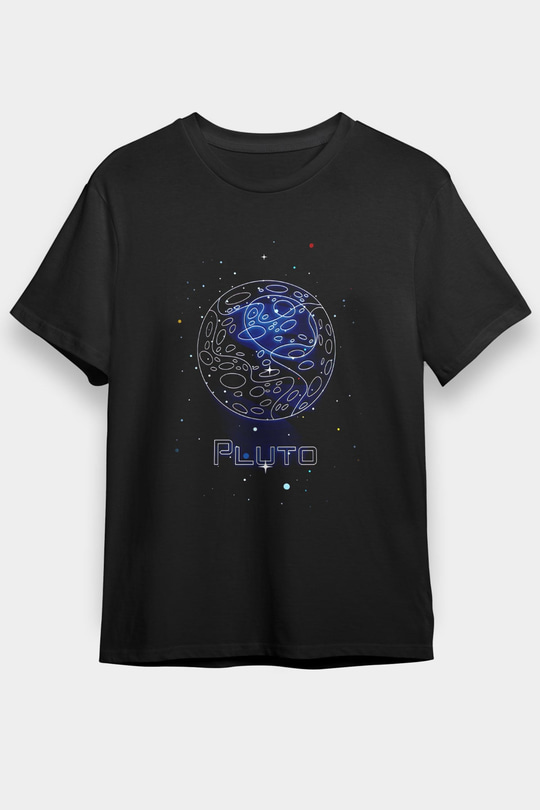 Plüton Çizim Baskılı Unisex Siyah Tişört - Tshirt