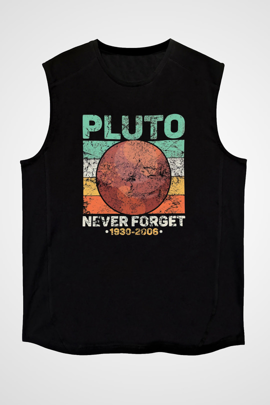Plüton Çizim Unutma Baskılı Unisex Kolsuz Siyah Tişört - Tshirt