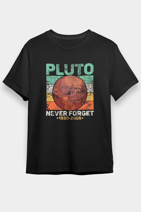 Plüton Çizim Unutma Baskılı Unisex Siyah Tişört - Tshirt