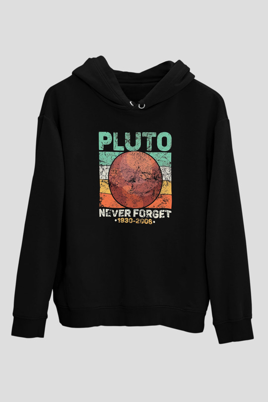 Plüton Çizim Unutma Baskılı Unisex Siyah Kapüşonlu Sweatshirt