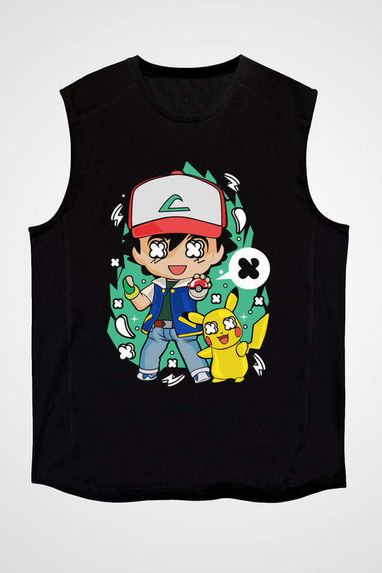 Pokemon Baskılı Unisex Siyah Kolsuz Tişört
