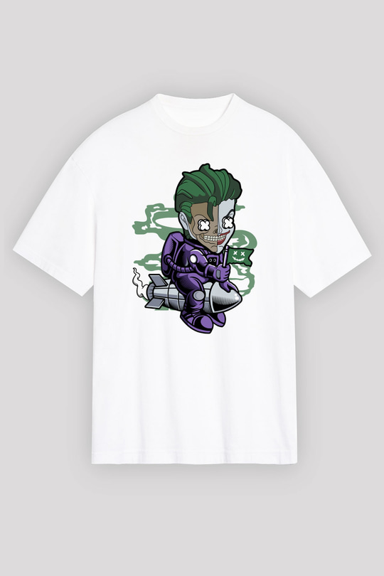 Poker Roket Rider Baskılı Unisex Beyaz Oversize Tişört