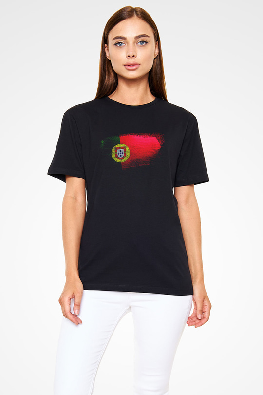 Portekiz - Portugal Bayrağı Baskılı Unisex Siyah Tişört