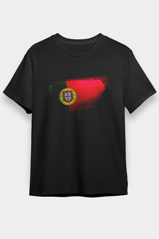 Portekiz - Portugal Bayrağı Baskılı Unisex Siyah Tişört