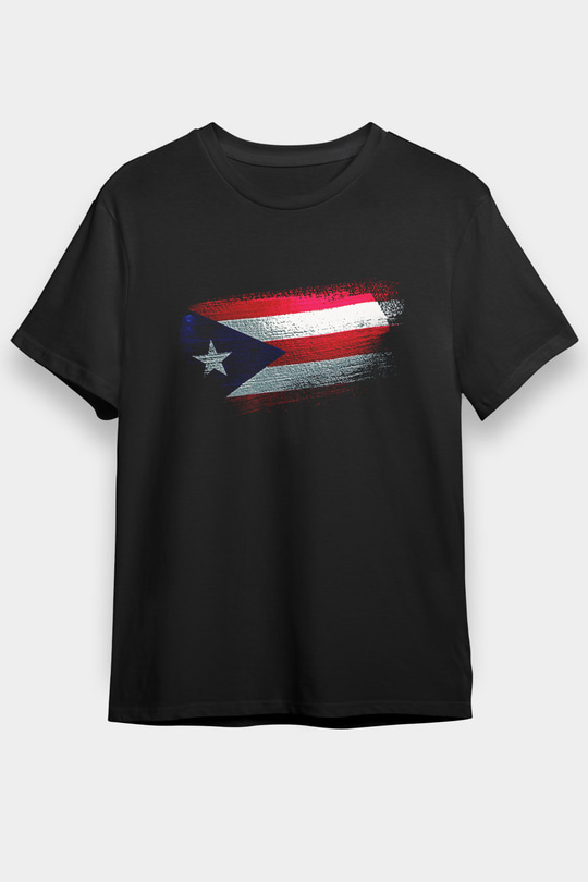 Porto Riko - Puerto Rico Bayrağı Baskılı Unisex Siyah Tişört