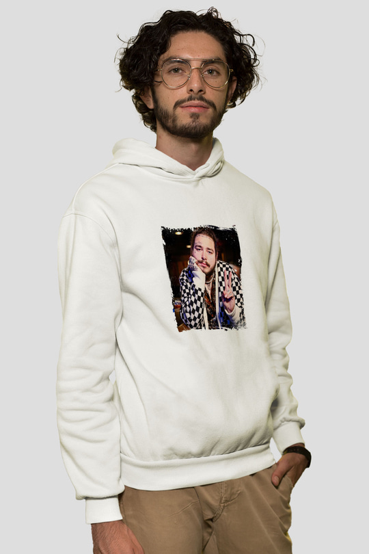 Post Malone Baskılı Unisex Beyaz Kapüşonlu Sweatshirt