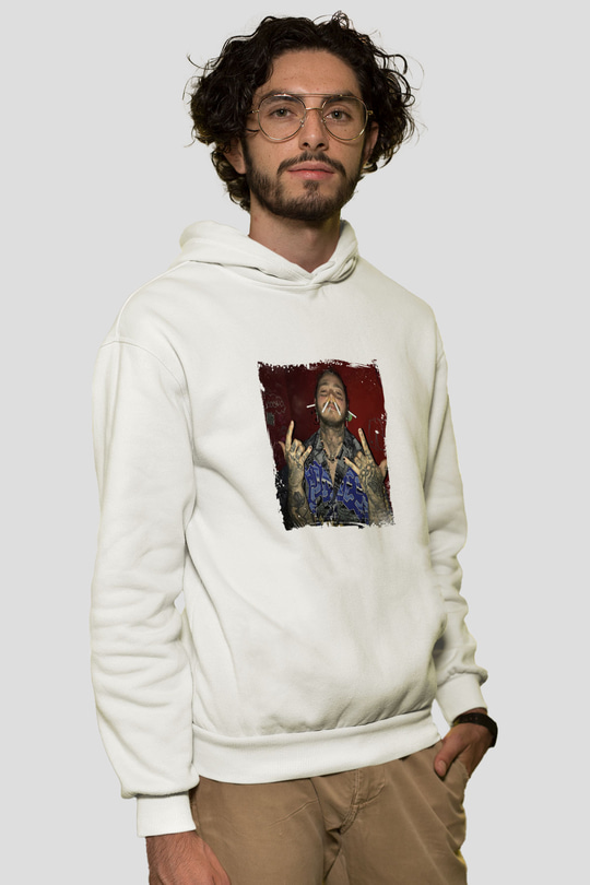 Post Malone Baskılı Unisex Beyaz Kapüşonlu Sweatshirt