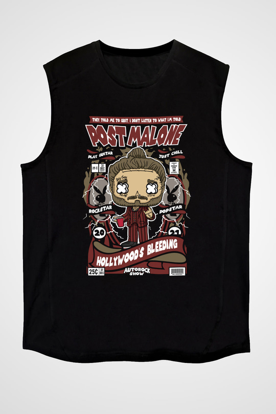 Post Malone Baskılı Unisex Siyah Kolsuz Tişört