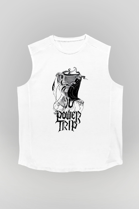 Power Trip Baskılı Beyaz Unisex Kolsuz Tişört - Tshirt