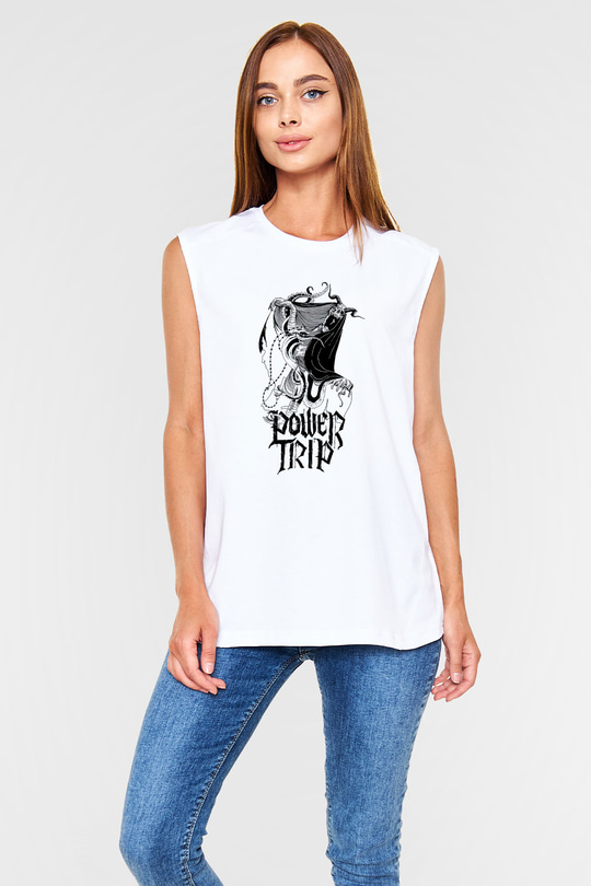 Power Trip Baskılı Beyaz Unisex Kolsuz Tişört - Tshirt