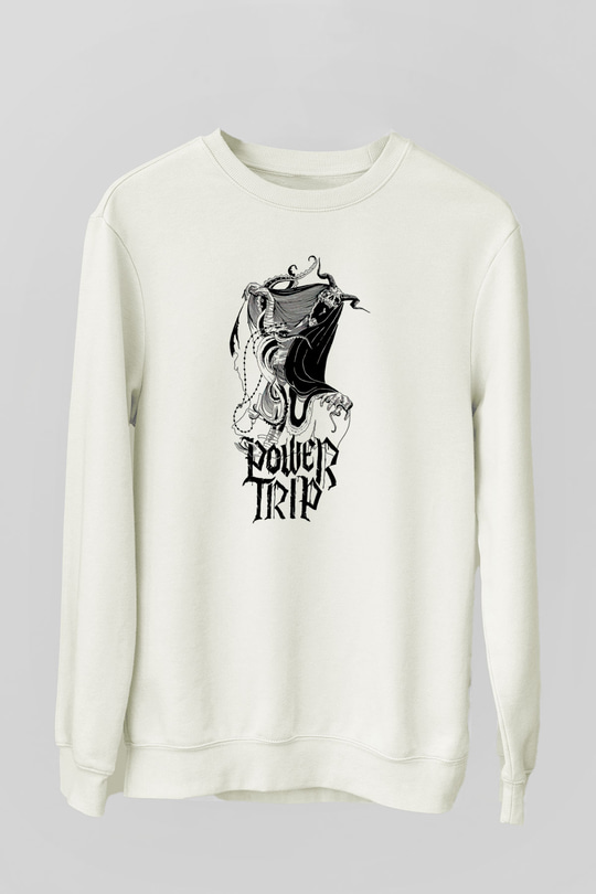 Power Trip Baskılı Beyaz Unisex Sweatshirt