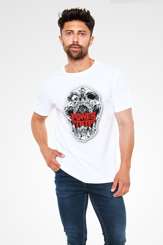Power Trip Baskılı Unisex Beyaz Tişört - Tshirt