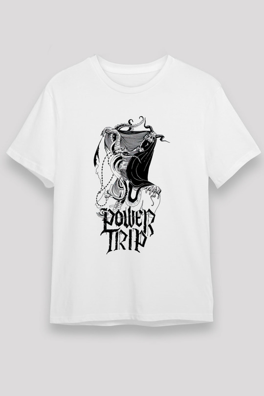 Power Trip Baskılı Unisex Beyaz Tişört - Tshirt