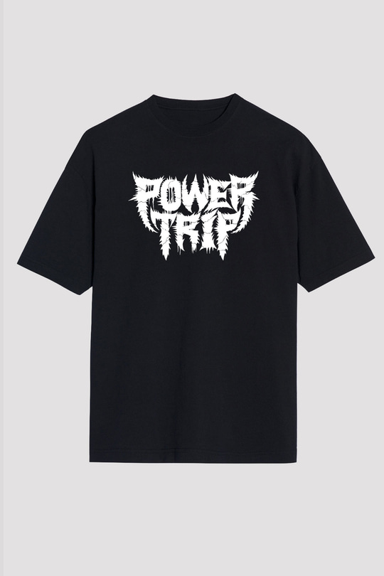 Power Trip Baskılı Unisex Siyah Oversize Tişört - Tshirt