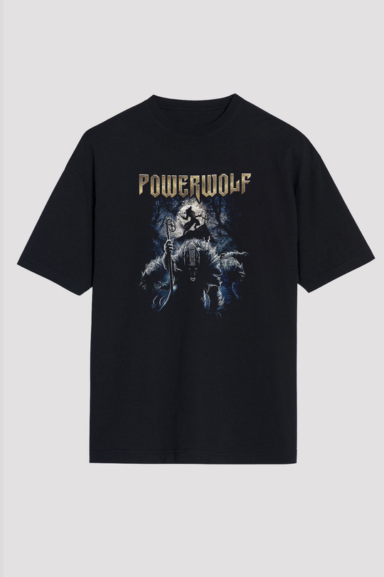 Powerwolf Baskılı Unisex Siyah Oversize Tişört - Tshirt