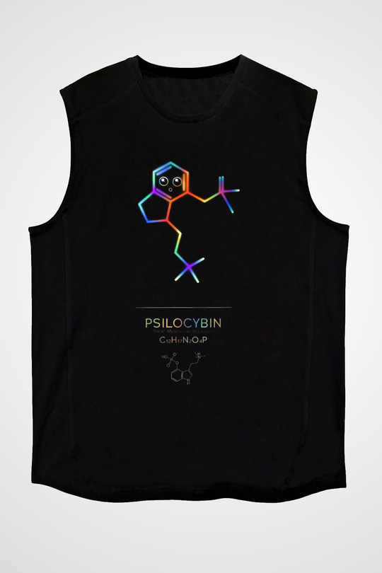Psilosibin Baskılı Unisex Kolsuz Siyah Tişört - Tshirt