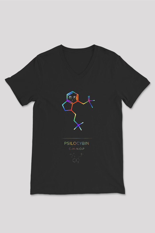 Psilosibin Baskılı Unisex V Yaka Siyah Tİşört - Tshirt