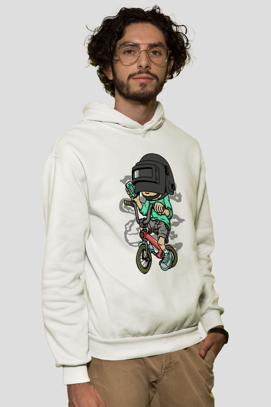 PUBG Biker Baskılı Unisex Beyaz Hoodie