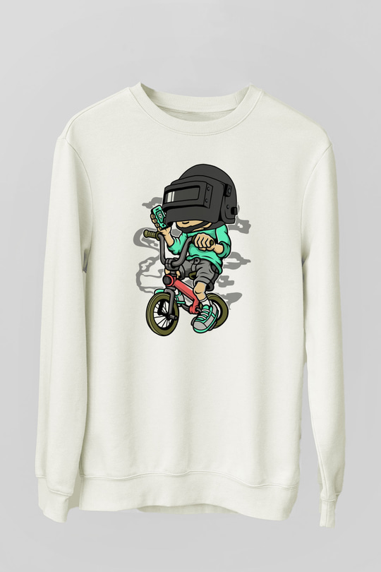 PUBG Biker Baskılı Unisex Beyaz Sweatshirt