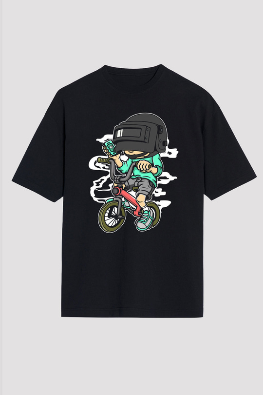 PUB-G Biker Baskılı Unisex Siyah Oversize Tişört