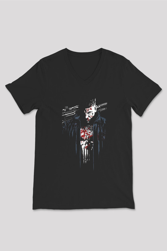 Punisher Siyah Unisex V Yaka Tişört