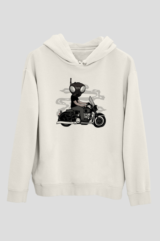 Q9-O Biker Baskılı Beyaz Unisex Hoodie