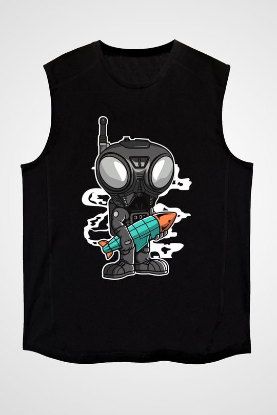 Q9-O Rocket Baskılı Siyah Unisex Kolsuz Tişört